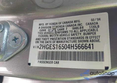 2004 Honda Civic Lx from USA, damaged, VIN 2HGES16504H566641